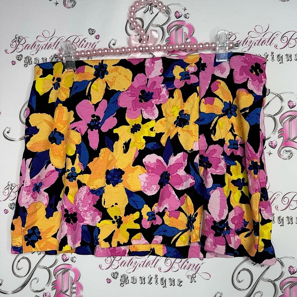 Divided skirt floral neon flowers tropical side slit mini stretchy beach vacay